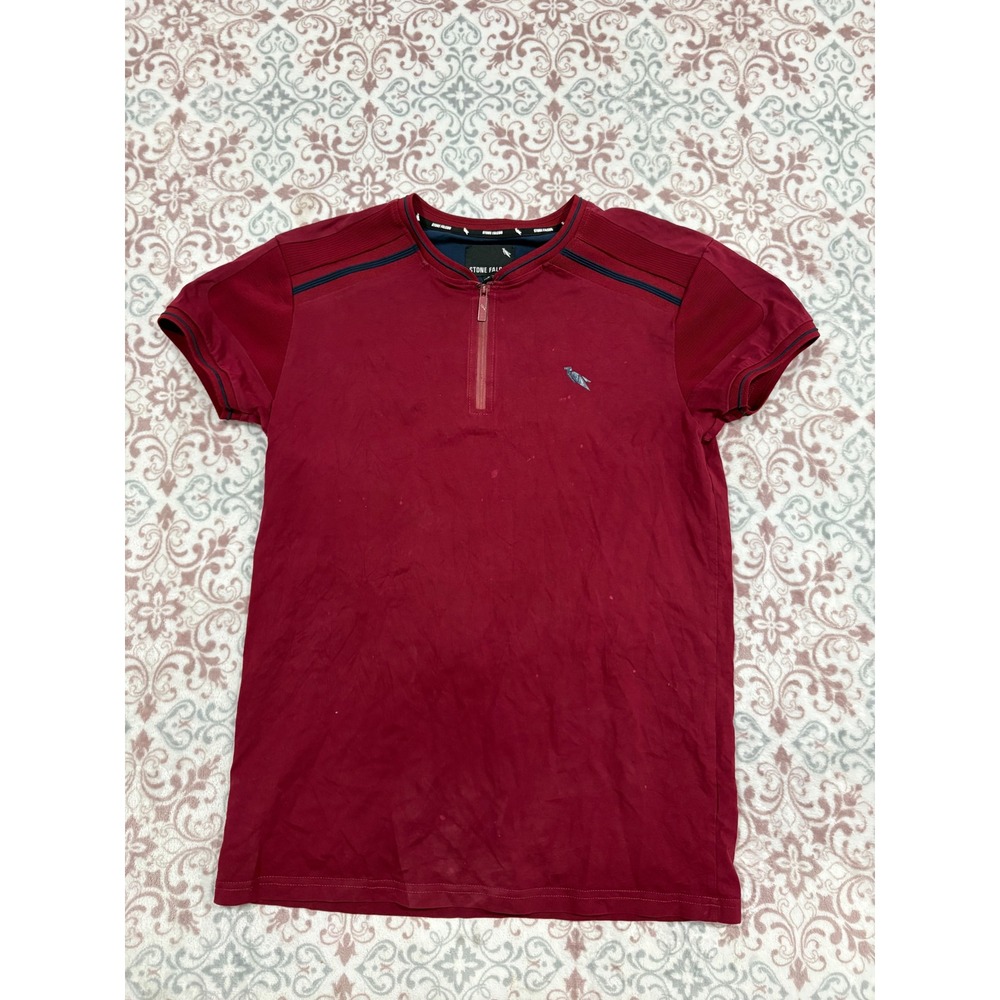Stone Falcon Mens Burgundy QuarterZip Short Sleeve Textured Shoulder Shirt Small
